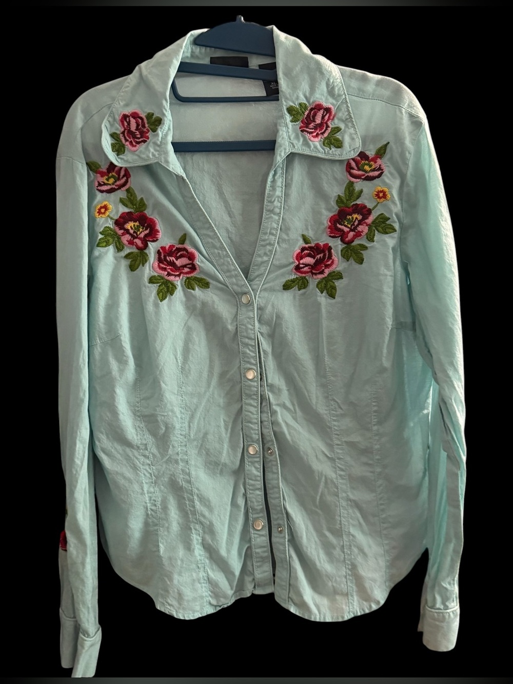 New York & Co ~ Button-Down Shirt ~Light Blue ~ Long Sleeves ~ Rose Embroidered